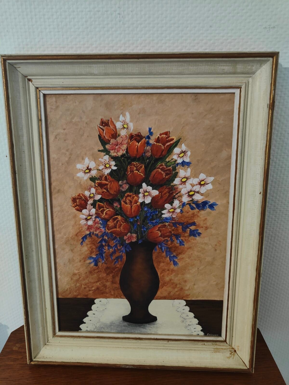 tableau floral ancien multicolore cadre bois doré