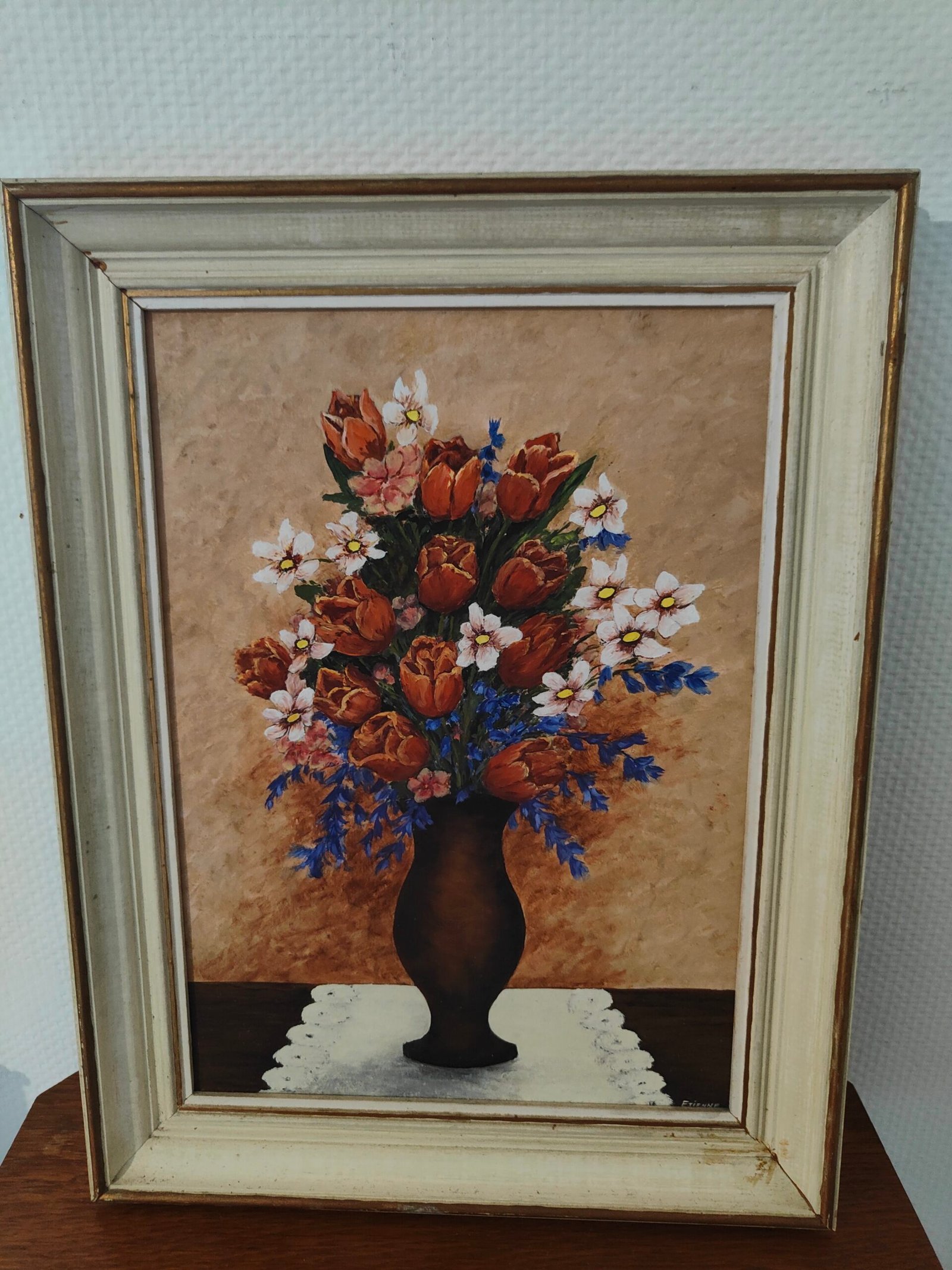 tableau floral ancien multicolore cadre bois doré