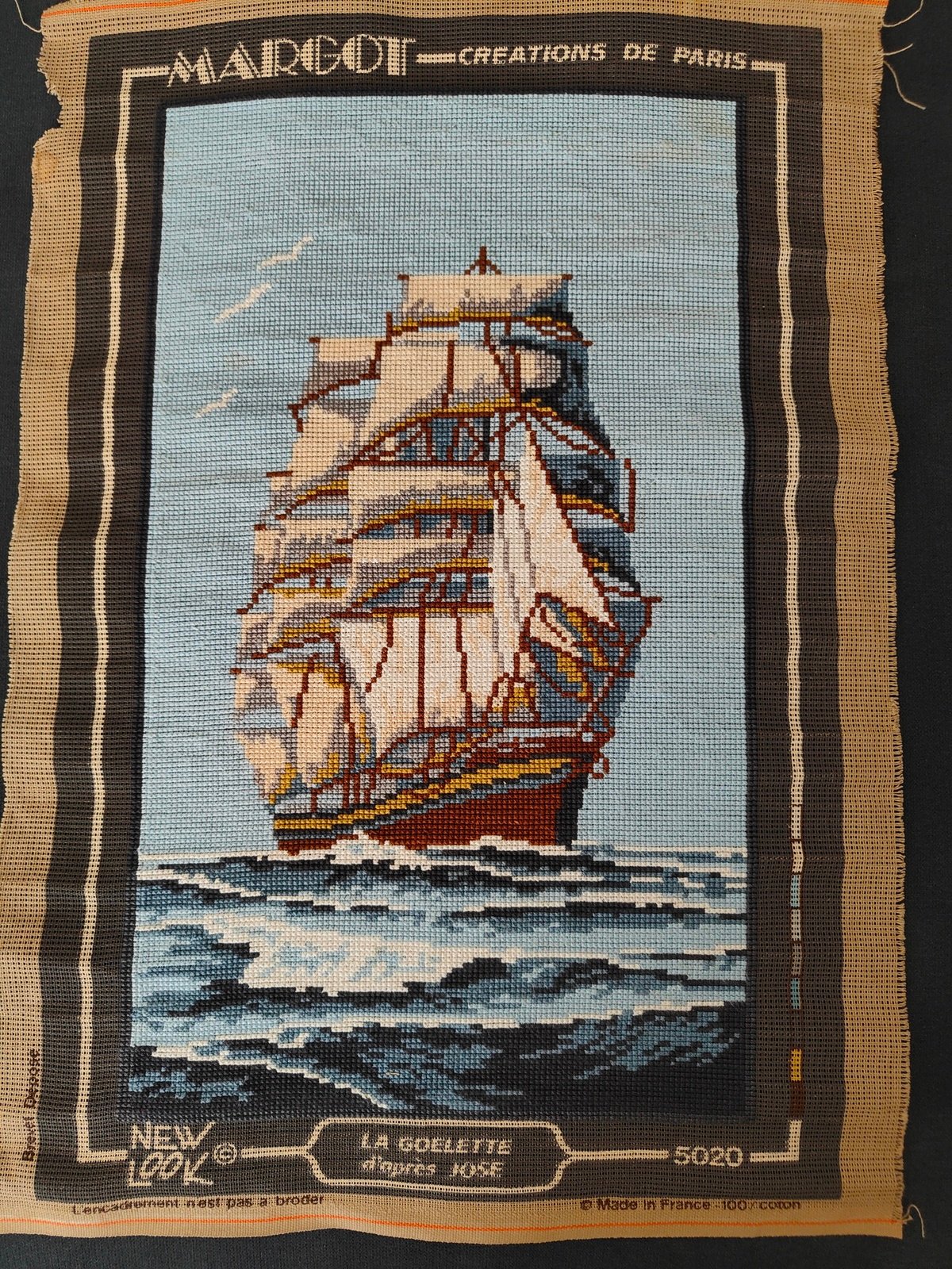 canevas point de croix goélette vintage sur toile de jute