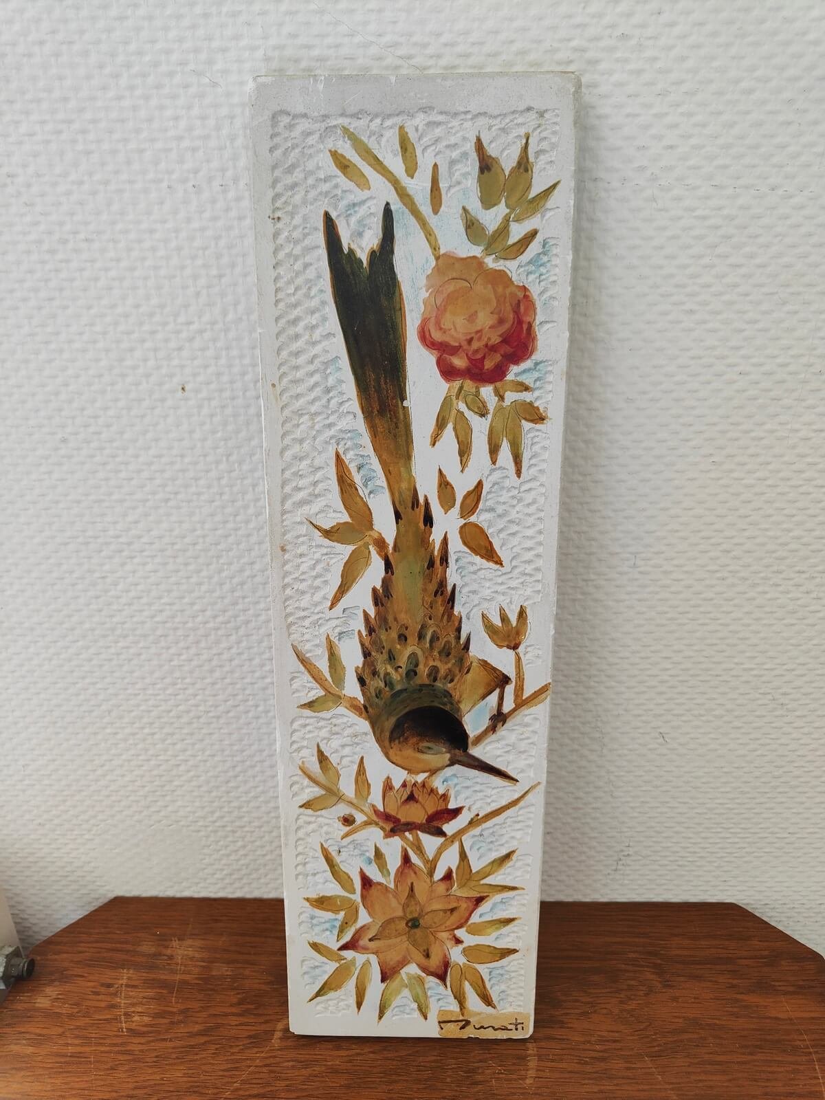 Peinture décorative artisanale sur plâtre signée Murati style vintage bohème