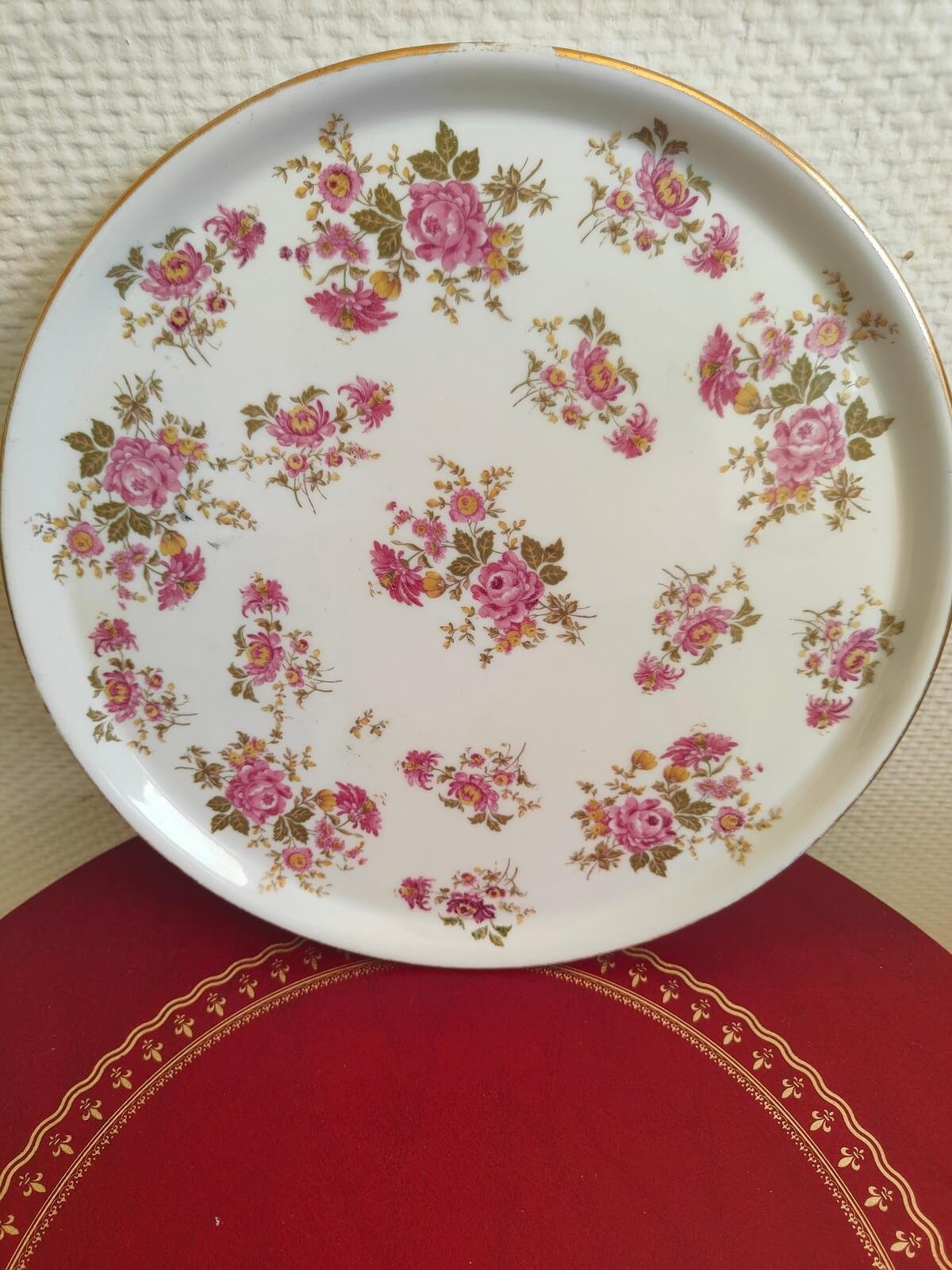 plat à tarte vintage français décor floral roses