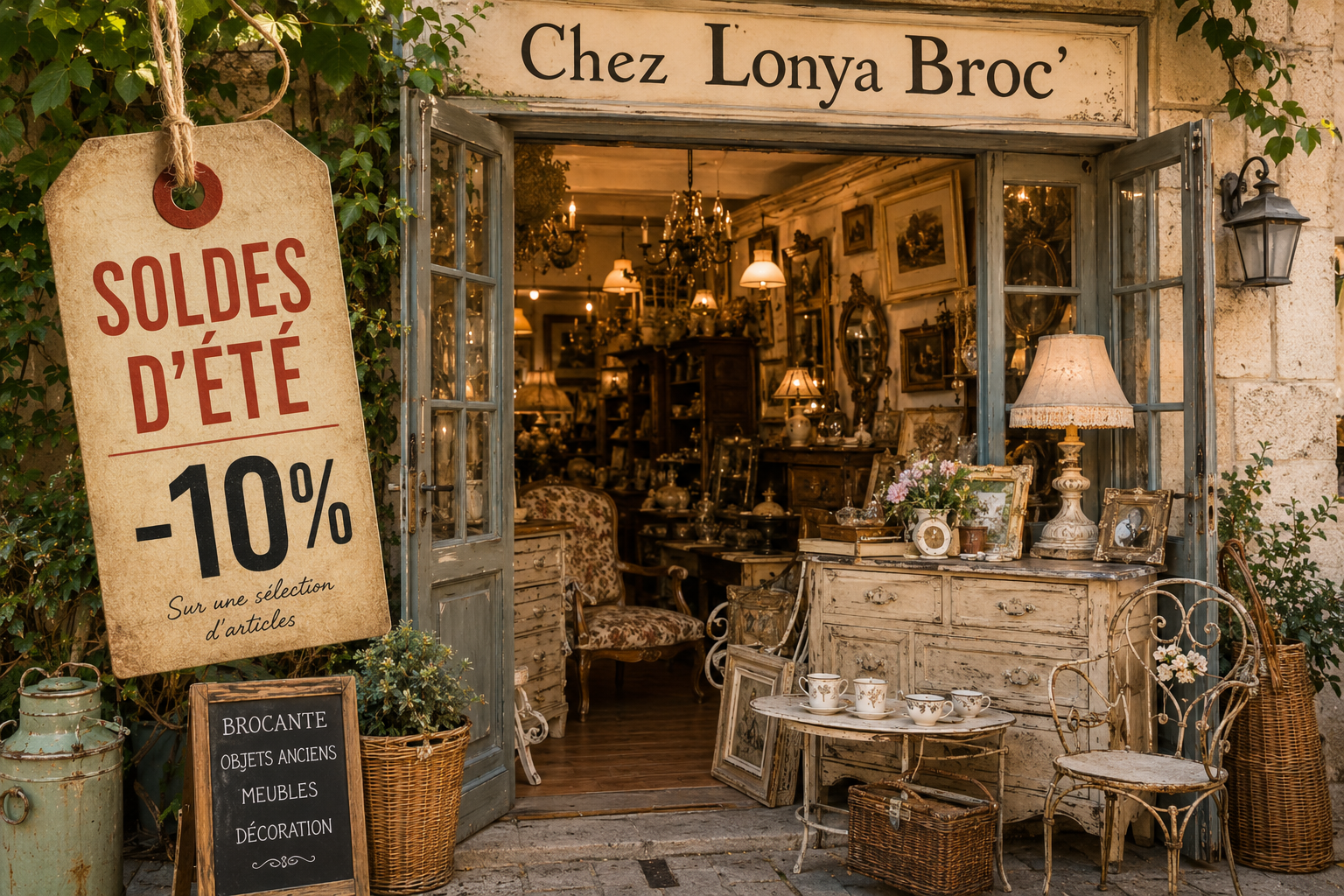 Soldes d'été chez Chez Lonya Broc', objets vintage et de seconde main en promotion avec remise de 10 %