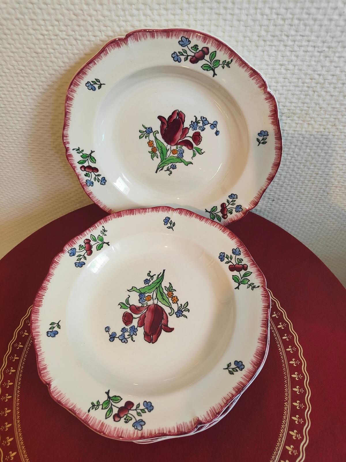 Lot de 5 assiettes creuses Gien modèle Lorraine en faïence française