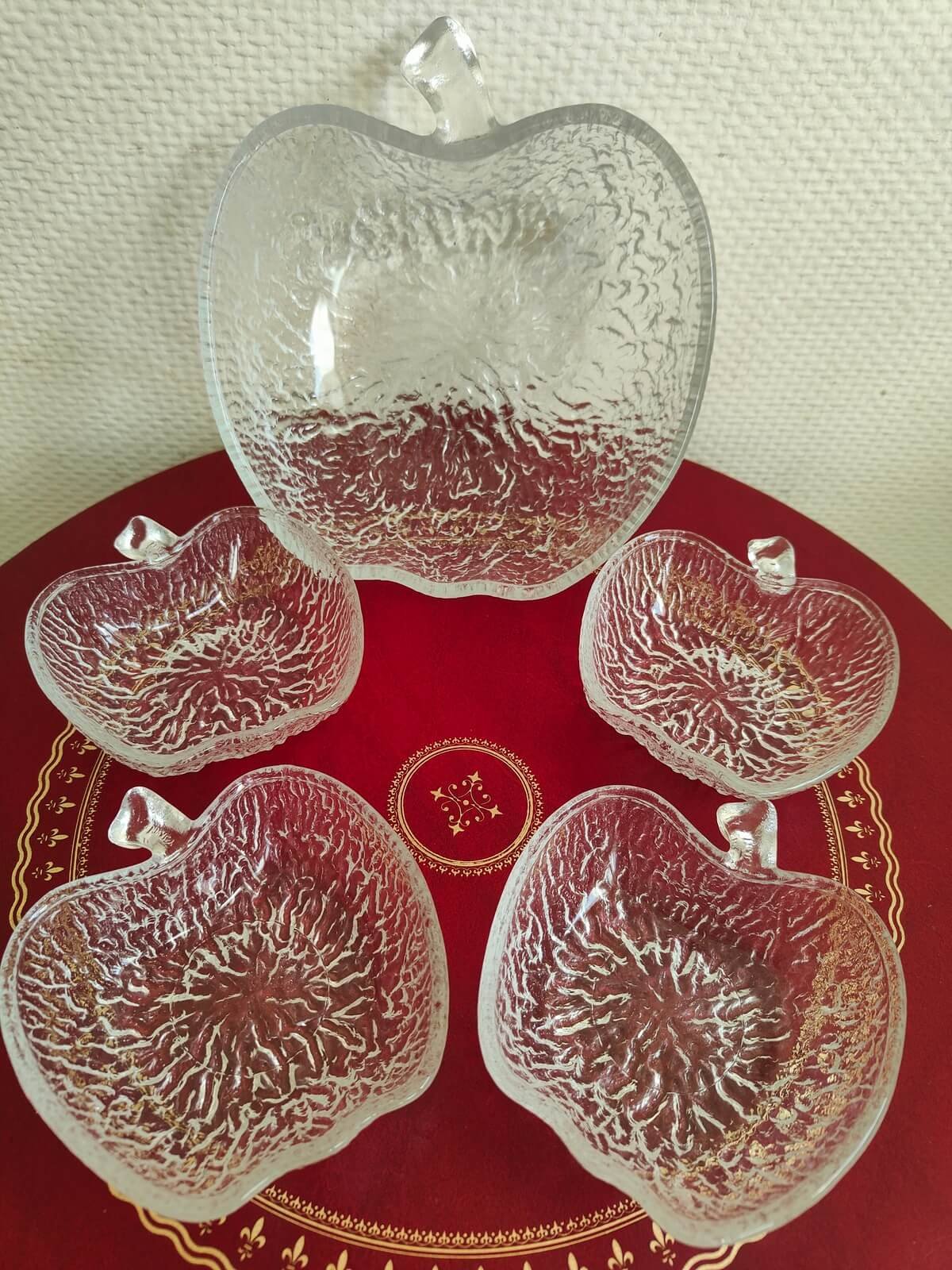 Service à dessert en verre italien avec saladier et 4 coupelles forme pomme