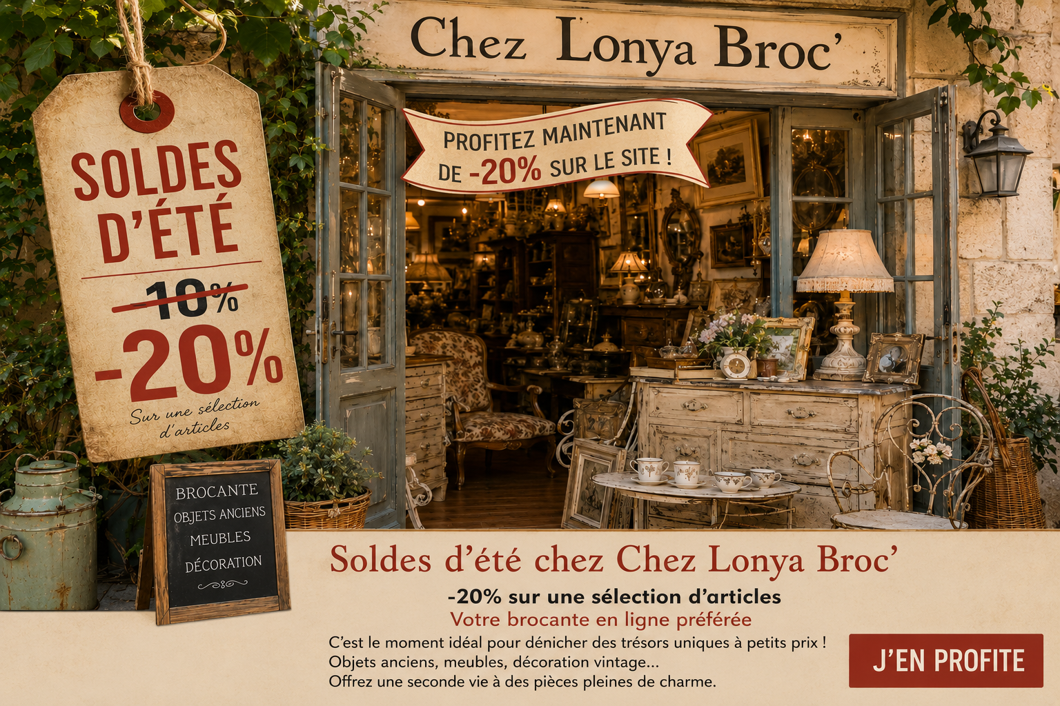 Devanture de la brocante en ligne Chez Lonya Broc' annonçant la deuxième démarque des Soldes d'été avec une promotion de -20 % sur une sélection d'objets anciens, meubles vintage et décoration de seconde main.