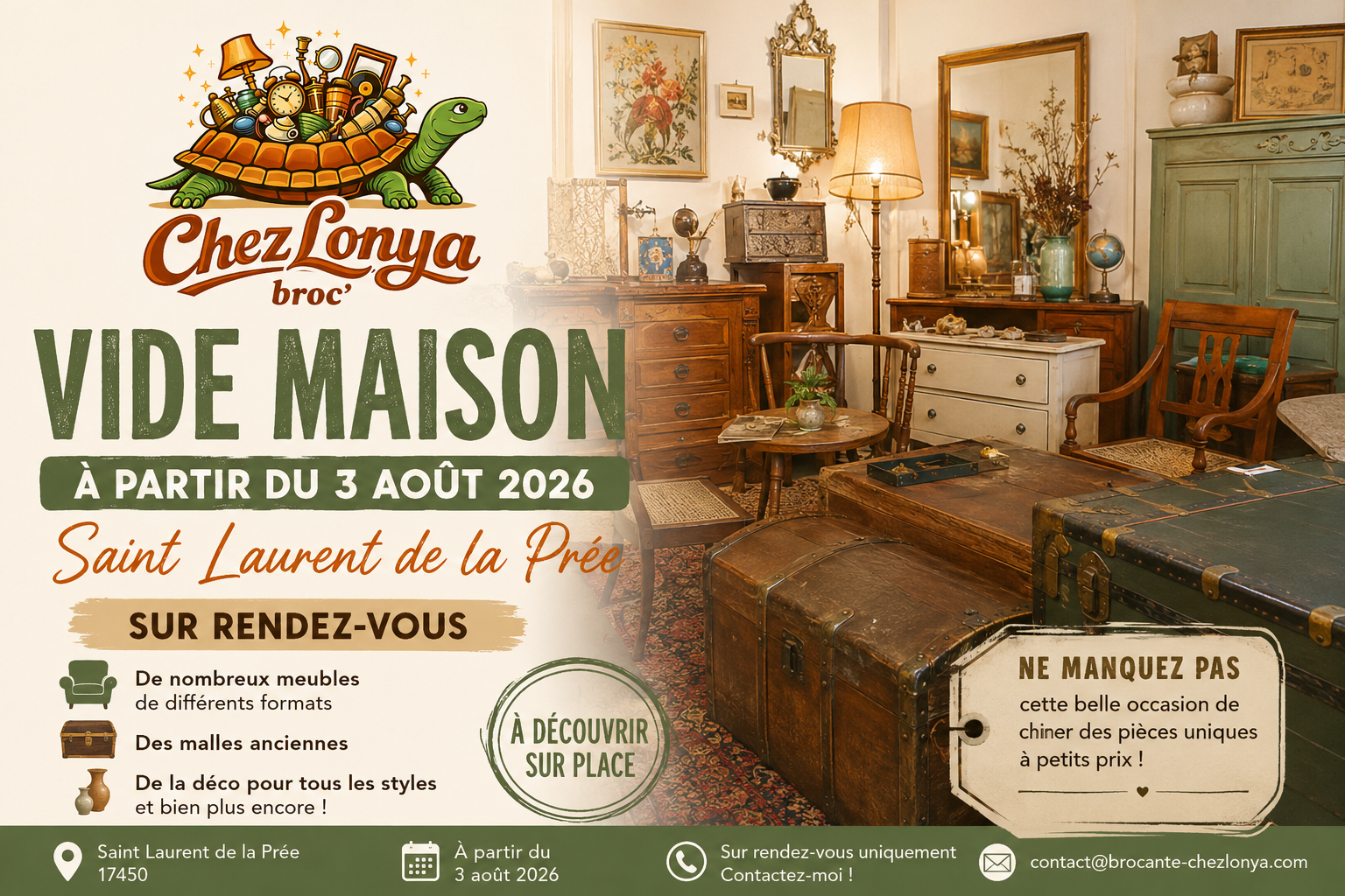 Vide-maison à Saint-Laurent-de-la-Prée à partir du 3 août 2026 - meubles anciens, décoration vintage et objets de brocante à découvrir sur rendez-vous avec Chez Lonya Broc'