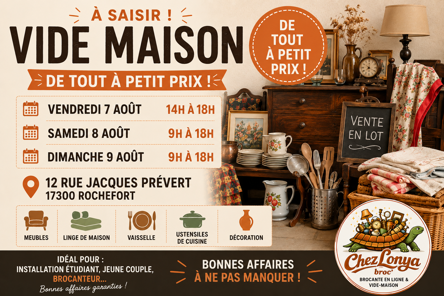 Affiche du vide-maison à Rochefort les 7, 8 et 9 août avec meubles, vaisselle, décoration, linge de maison et vente en lot à petits prix.