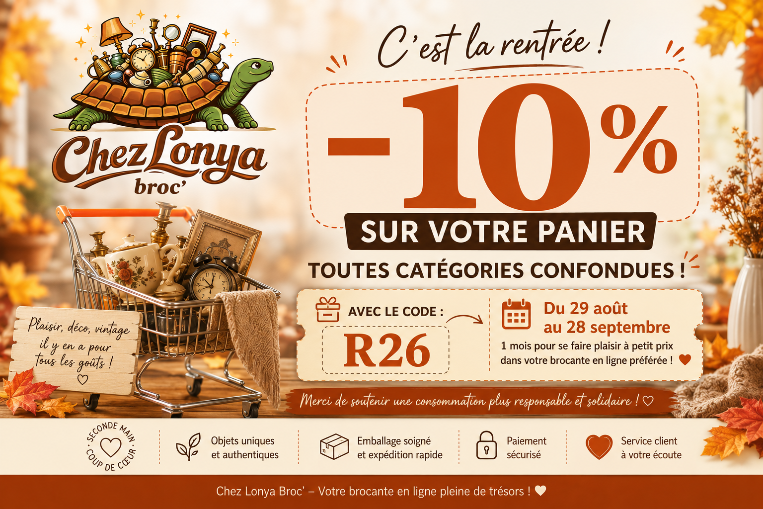 Chez Lonya Broc’ brocante en ligne -10 % code R26 pour la rentrée
