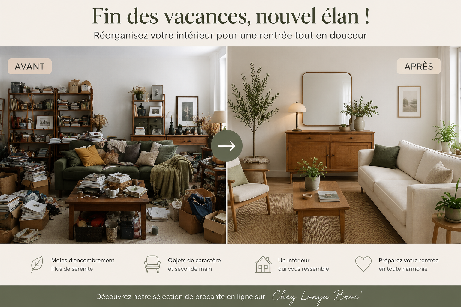 Salon chaleureux décoré avec un canapé, un fauteuil vintage, une table basse en bois, une lampe sur pied industrielle et des objets de brocante pour la rentrée.