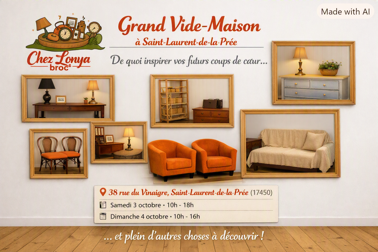 Affiche du grand vide‑maison Chez Lonya broc’ à Saint‑Laurent‑de‑la‑Prée – meubles, déco et inspirations vintage.