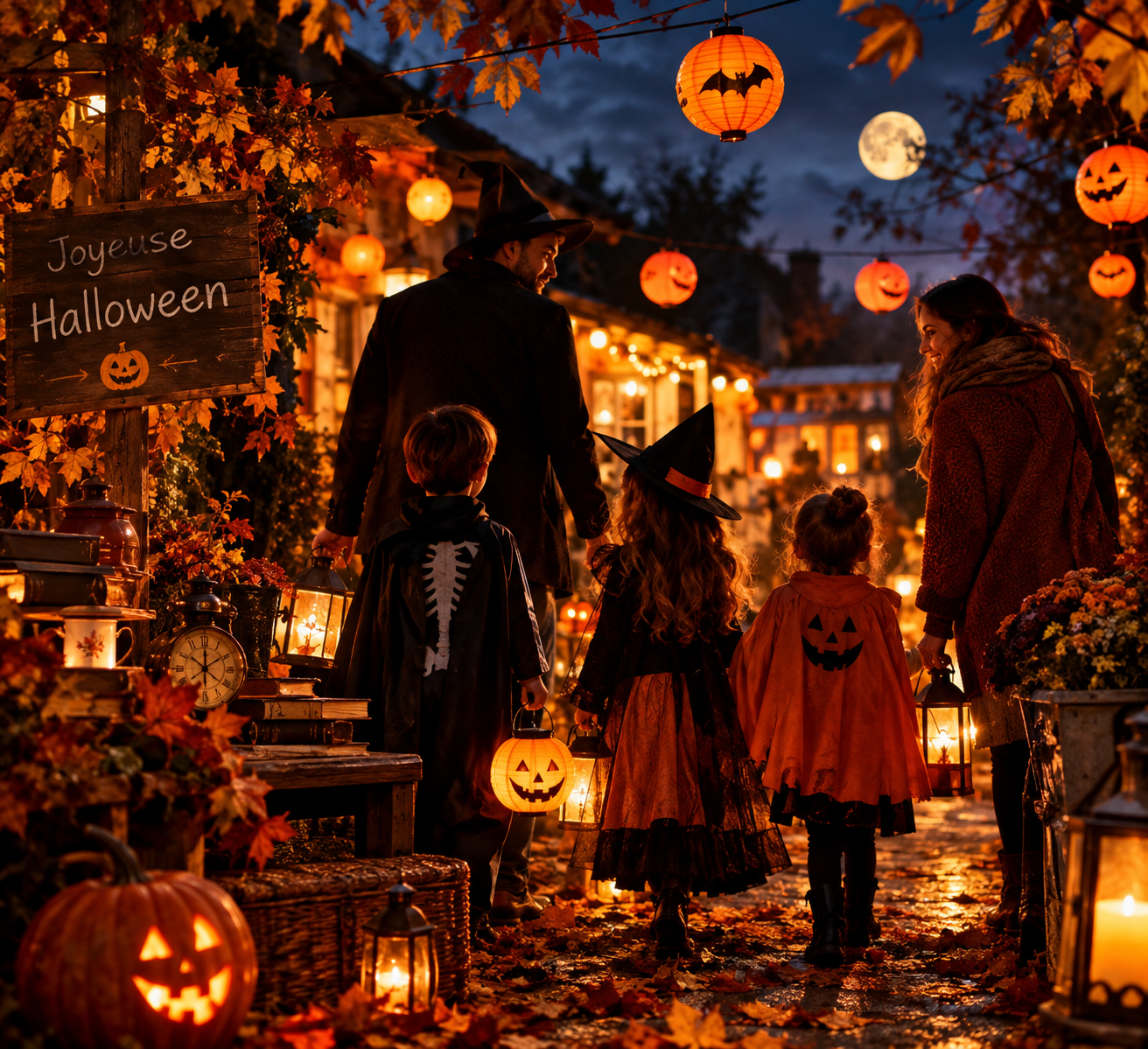 Famille avec enfants célébrant Halloween dans une ambiance automnale avec lanternes et décoration vintage
