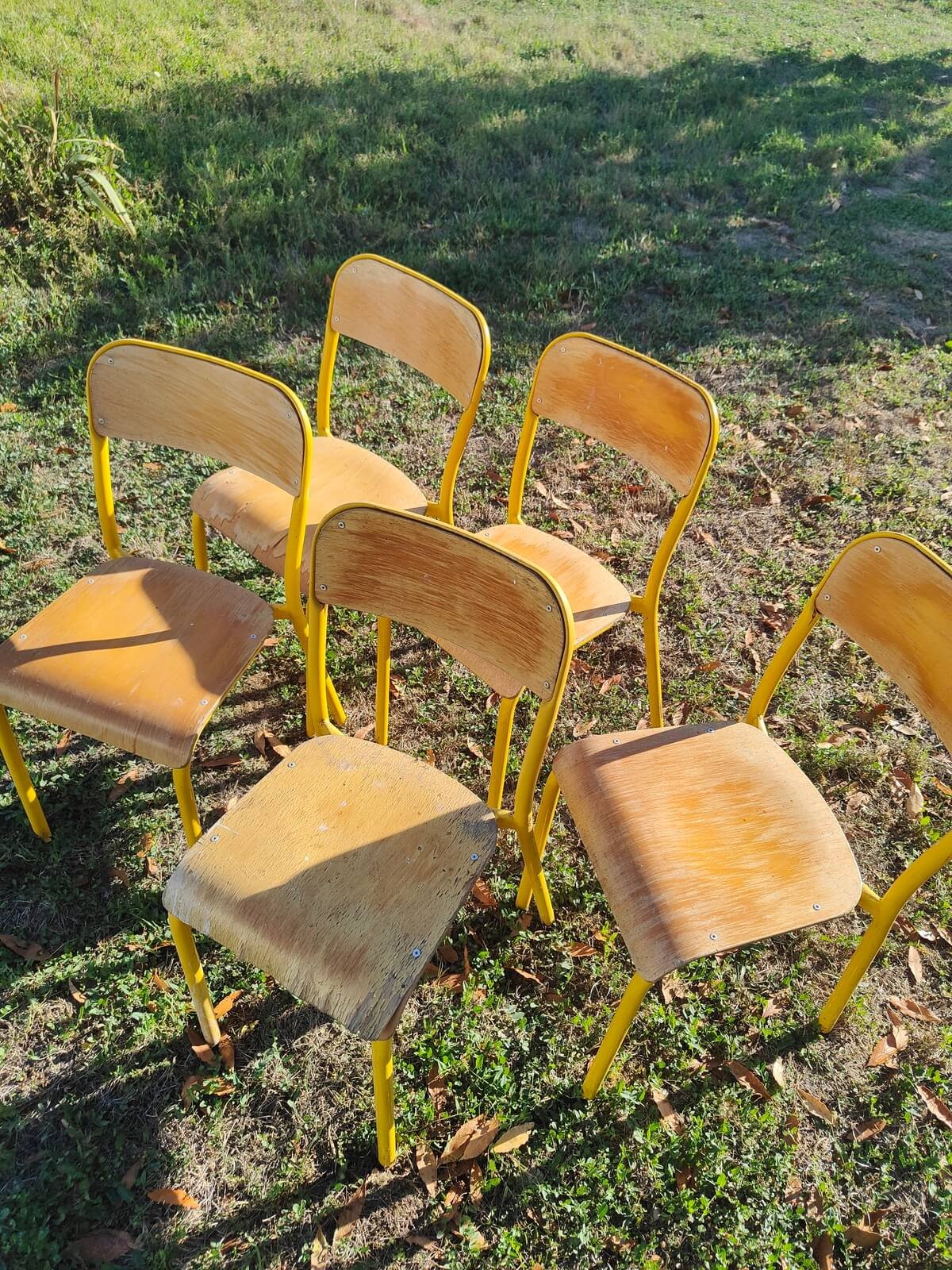 Lot de 5 chaises d’écolier vintage en métal jaune et bois