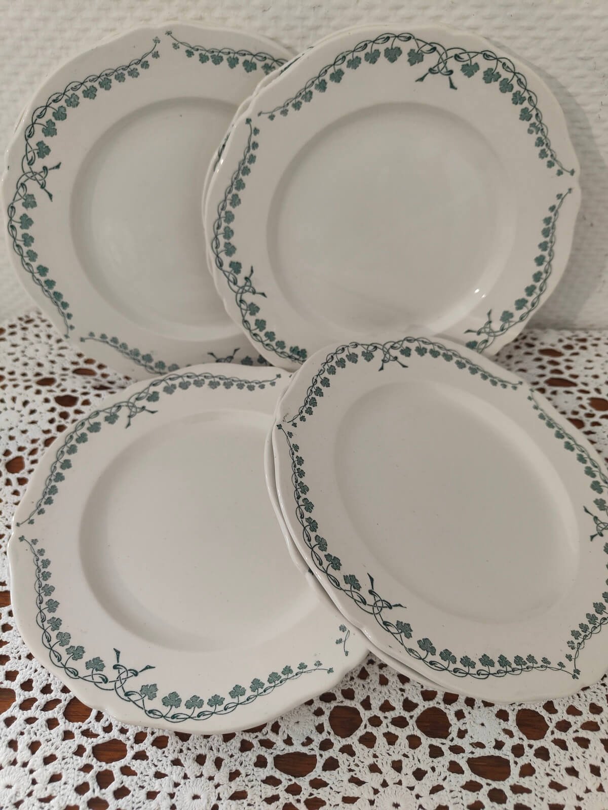 Lot d'assiettes anciennes faïence Lunéville K&G modèle Sagittaire décor lierre vert