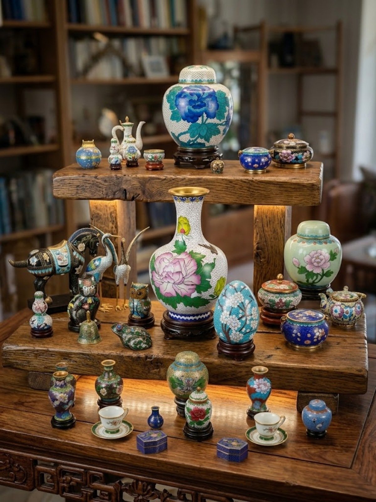 Collection de vases et objets en émail cloisonné artisanaux sur étagères en bois éclairées